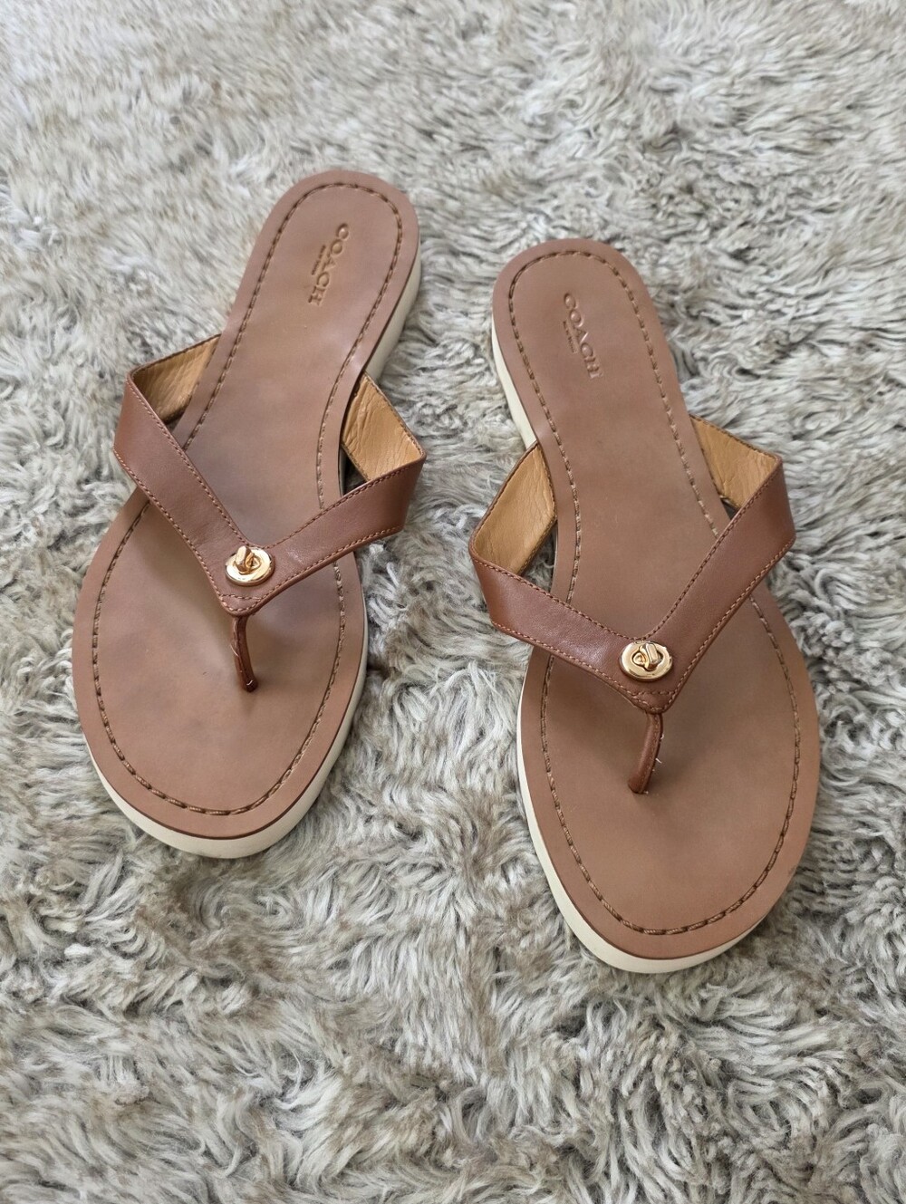 Coach Shelly Sandals Brown Leather Thong with Gold Logo Women's Size 10